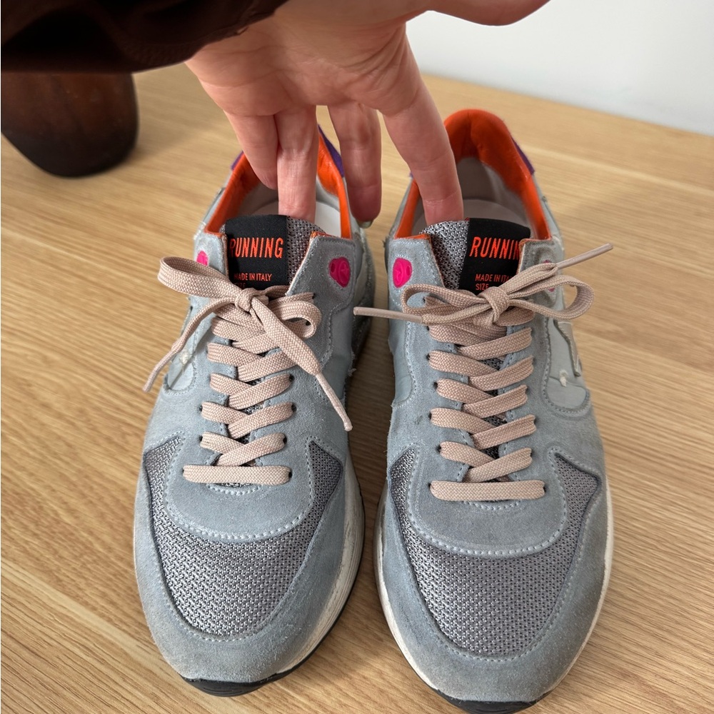 GOLDEN GOOSE Cloud Blue Suede and Orange Running Sole Women's Sneakers - Picture 3 of 11